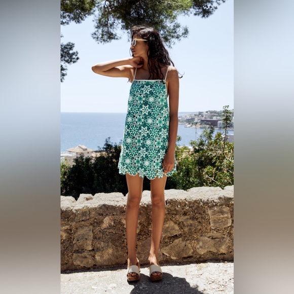 ZARA green floral crochet dress size small - Picture 4 of 12